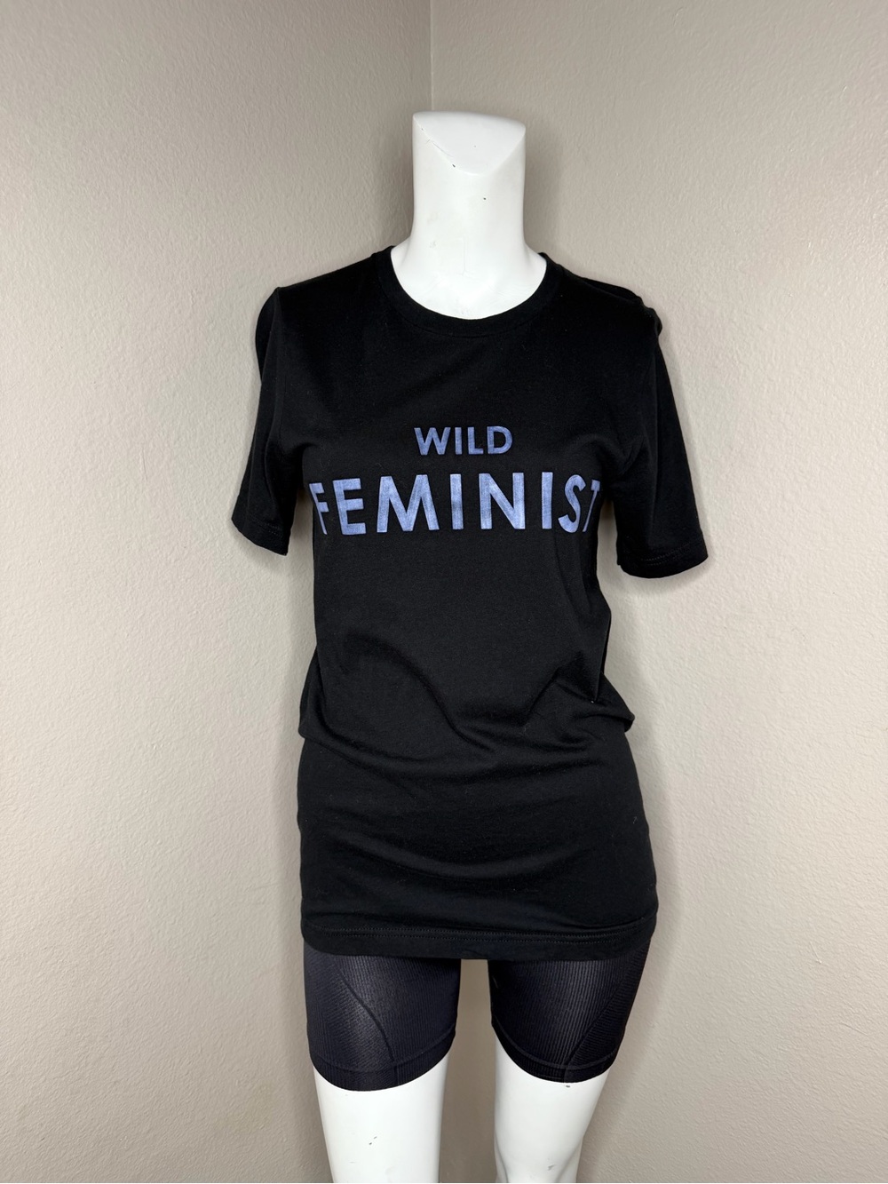 Wildfang Black Tee with Light Blue "WILD FEMINIST" Graphic